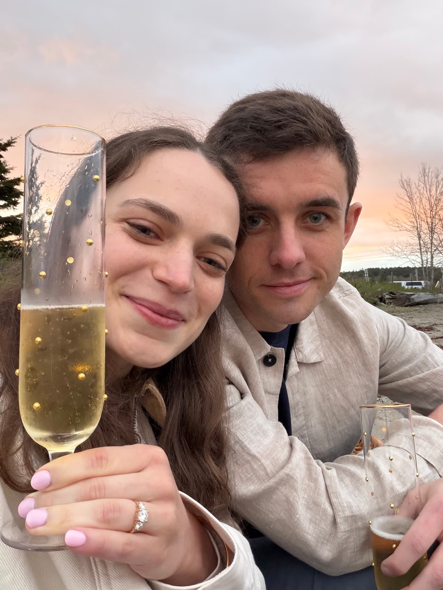 Louisa and Gabriel just after the proposal, 2026